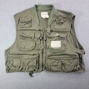 Ausable Mens XXL Fishing Vest Olive Green Cotton Multi-Pocket Utility Fly Vest